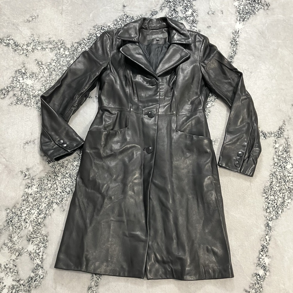 Kenneth Cole Reaction Black Genuine Leather Car Coat Womens Medium 3/4 Length